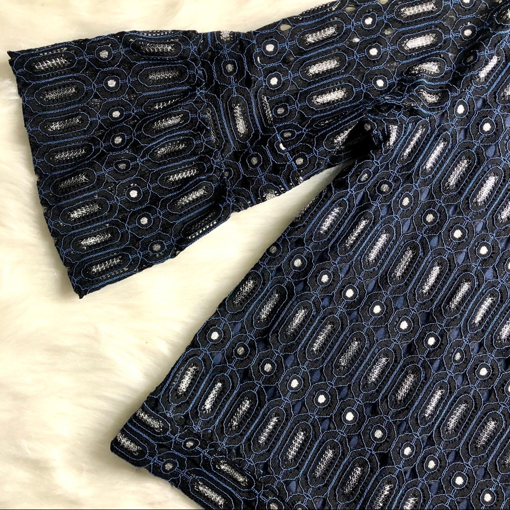 Loft Navy Lace Metallic Crochet Bell Sleeve Blouse - Picture 7 of 12